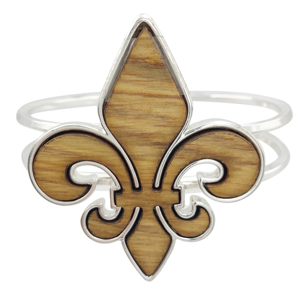 Wood Inlay Fleur De Lis Large Statement Silver Hinged Bangle Bracelet